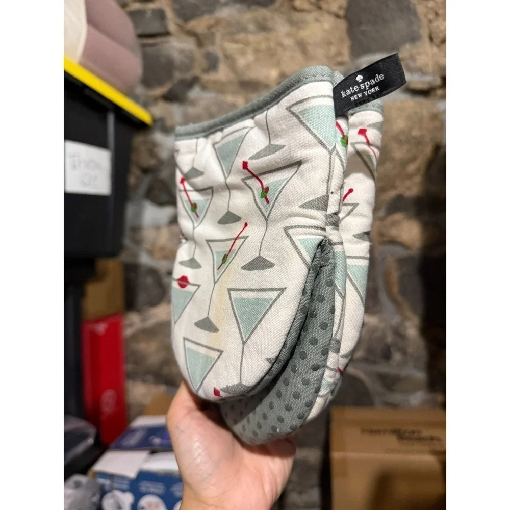 Kate Spade Martini Glass Mini Oven Mitts Set of 2 Grey Silicone Grip Red Olive